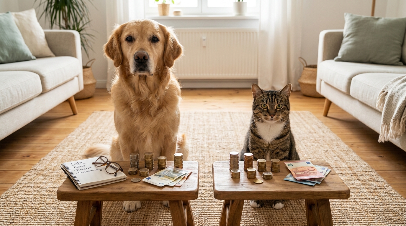Ein Hund und eine Katze sitzen nebeneinander vor gestapelten Euro-Münzen, die die monatlichen Kosten für Haustiere in Österreich symbolisieren.