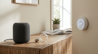 Ein smarter Lautsprecher steht neben einer intelligenten Glühbirne und einem wandmontierten Thermostat, die grundlegende Smart-Home-Geräte für Einsteiger zeigen.