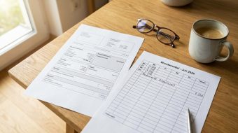 Eine Gehaltsabrechnung mit Brutto- und Nettobeträgen neben einem Stundenzettel mit reduzierten Wochenstunden für Teilzeitarbeit in Österreich.